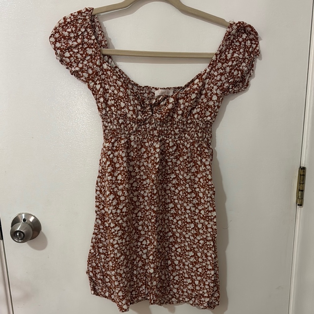 Blush Floral Smocked Dress in Brown and White